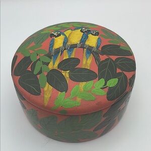 Hand painted, 2 pc Wooden Box, Parrots on Branch with Leaves, Signed